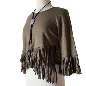Olive Green Knit Fringe Asymmetrical 3/4 Sleeve Top